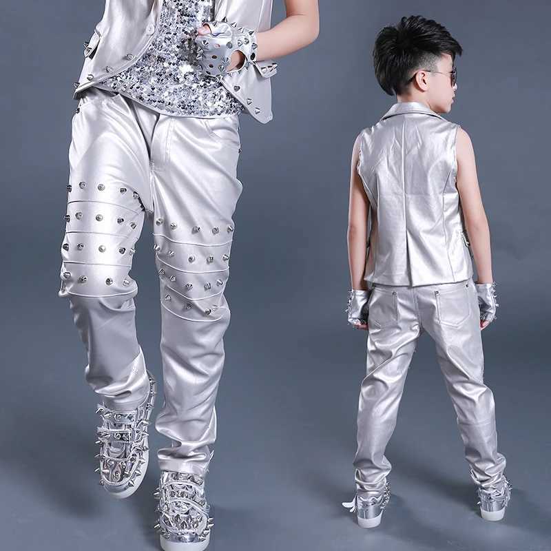 Men's Pants Boy Black Leather Rivet Pants Street Dance Costume Walkway Drum Hip Hop Dance Costume Childrens Singer Trouser Stage Costume DNV15221
