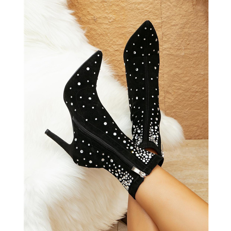 Fashion Rhinestones Stretch Flock Women Ankle Boots Elegant Stiletto High heels Autumn Winter Sock Boots Shoes Botas De Mujer