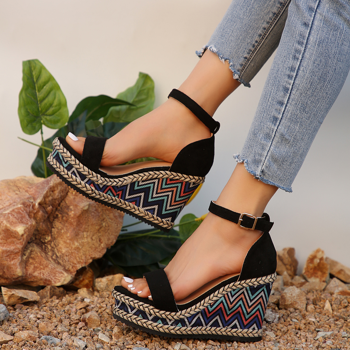 New Striped Sexy Women Wedges Sandals Fashion Buckle Strap Cover Heel Female Shoes Outdoor Anti-Slip Thick Bottom Platform Sandalias 0867