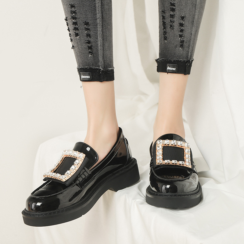 Luxury Crystal Buckle Small Leather Shoes Women Sneakers Thicken Soled Loafers Flats 2024 Ladies Oxfords Preppy Girl Derby Shoes