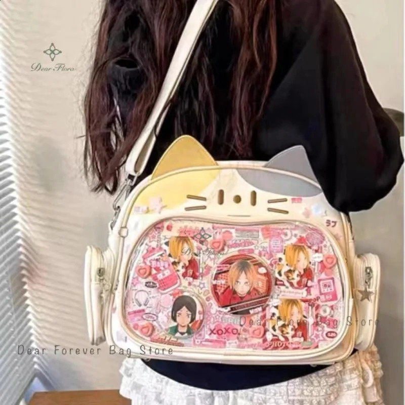 Y2K Korean Kawaii Cat Ita Bag Cute PU Shoulder for Girls Transparent Pocket Harajuku Cross Body Womens Fashion Backpack 240903