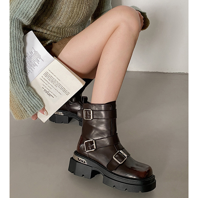 New Winter 2023 Fashion Thick Sole Mixed Color Front Zipper Short Boots Belt Buckle Women's Shoes f109