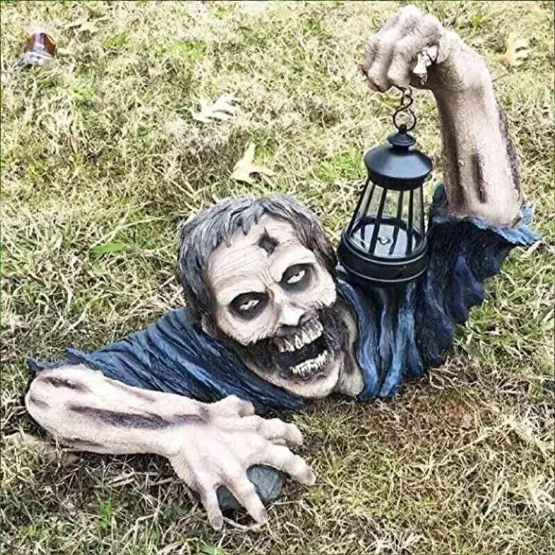 1pc Halloween Crawg Horror Decor, Scary Led Lights Zombie Holding Lantern Outdoor Figurine Light