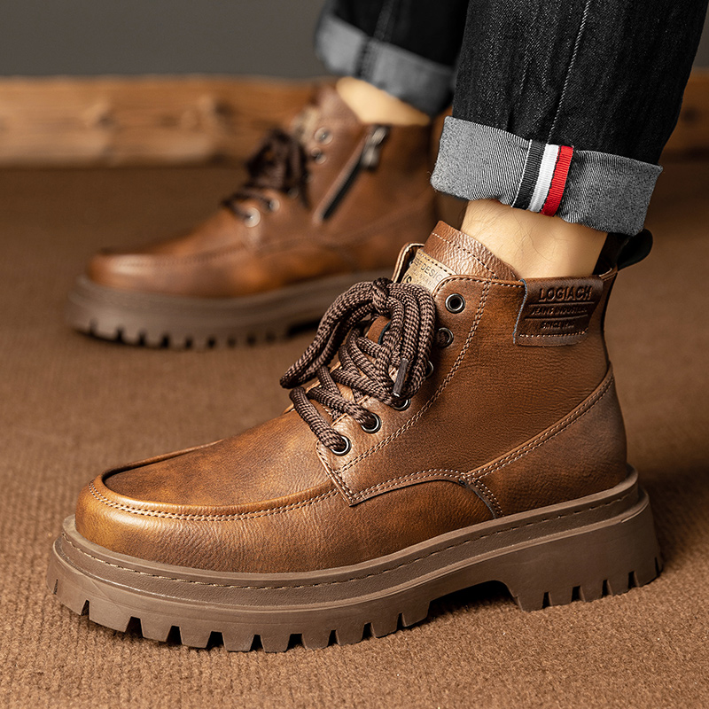 Trendy Men's Genuine Leather Boots Outdoor Hiking Shoes Breathable Cotton Boots Men's Casual Short Boots Thick Soled Brown