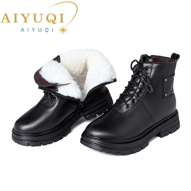 AIYUQI Women Ankle Boots Winter 2024 New Genuine Leather Large Size Ladies Motorcycle Boots Wool Warm Non-slip Women Snow Boots