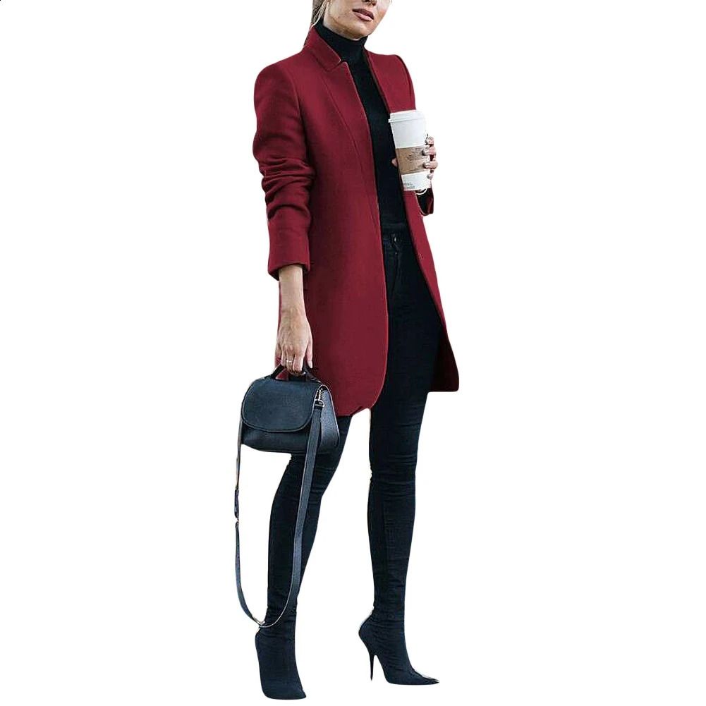 High Quality Fashion Women Winter Solid Long Sleeve Jacket Stand-up Collar Faux Wool Coat Wool Blends Coats Autumn Winter 240830