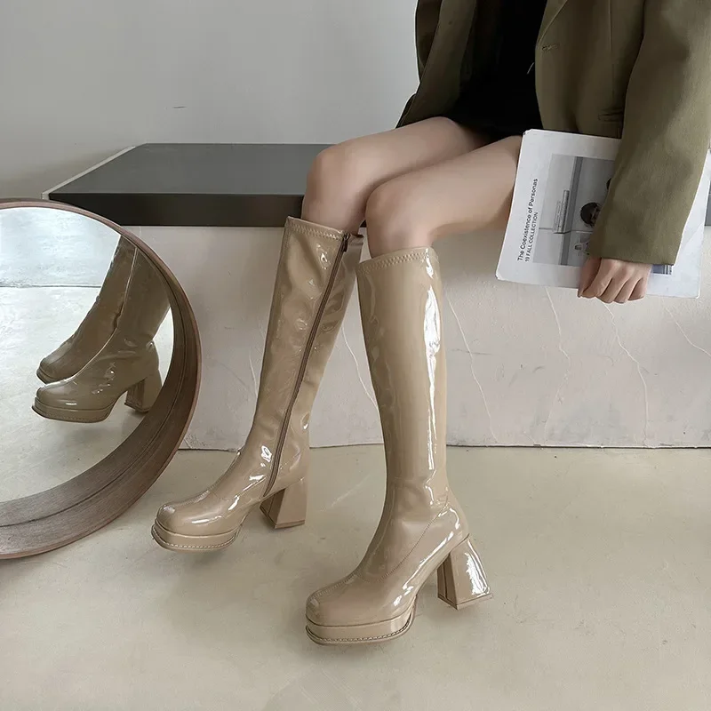 Chunky Women Heel Platform Long Square Toe Black Patent Leather Knee Boots Woman Autumn Thick High Heels Punk Botas a8e3 s