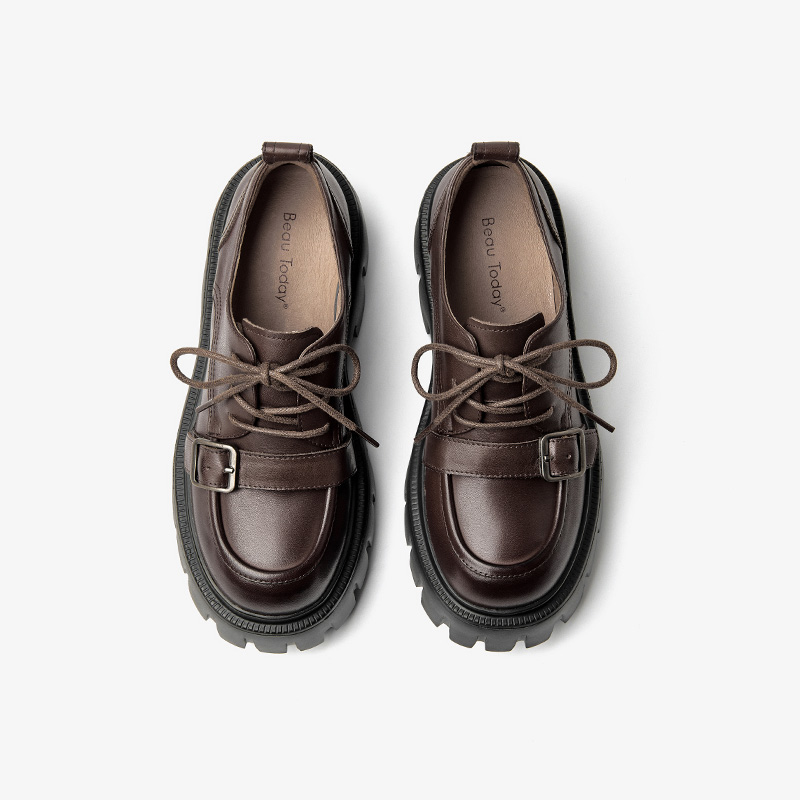 Derby New BEAUTODAY Shoes Women Calfskin Leather Belt Buckle Thick Sole Solid Color Lace-Up Autumn Ladies Oxfords Handmade 21965 8cb9