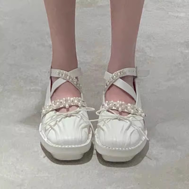 e4f47 Ballet Women Spring Fashion Fretwork Prints Flat Woman Round Toe New Rhie Buckle Solid Color Casual Design Shoes