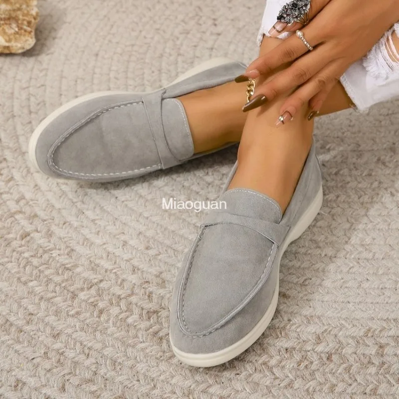 Leather Nude Suede Flats Women Loafers Spring Autumn Walk Moccasin Metal Lock Tassel Soft Sole Mules Causal Slip on Shoes