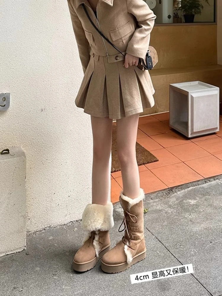 Warm Winter Plush Cotton Shoes Women Outdoor Lace Up Casual Snow Anti-slip Ethnic Thick Sole Soft Long Boots 2024 f70d