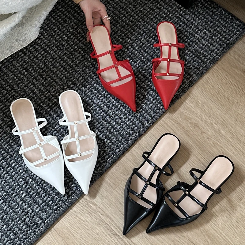 Eilyken New Design Rivet Pointed Toe Women Pumps Summer Narrow Band Low Heels Banquet Party Shoes Ladies Slippers 00d1