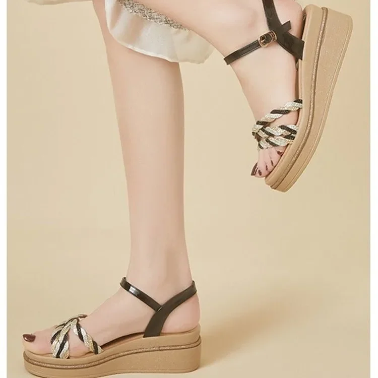 Women's 2024 Open Toe Gold Rhie Female Summer Fashion Thick Bottom Slope New with Ladies Sandals Women Shoes 791e