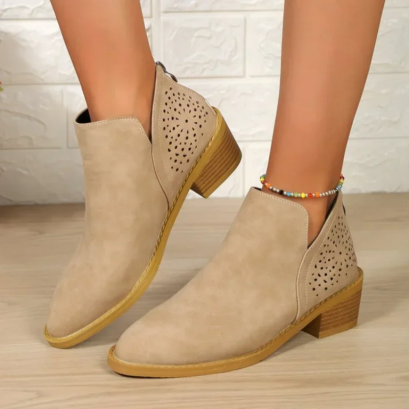 British Women Pointed Toe Thick Heels Female Fashion Short Hollow Designer Platform Ankle Boots 2024 4b43