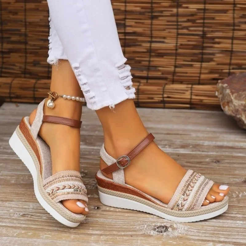 New Wedge Platform Women's Summer Pu Leather Ankle Strap Gladiator Sandals Women Non-Slip Thick Bottom Sandalias De Mujer adcc