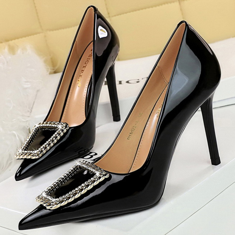 Women BIGTREE Pumps Rhie Metal Buckle Design High Patent Leather Ladies Heels Stilettos Party Shoes 43 4a1d