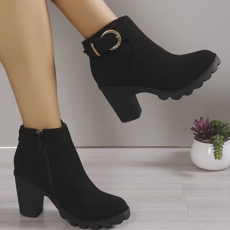 New 2024 High-heeled Chunky Casual Muffin Platform Round Head Women's Large-size Ankle Boots 5d45