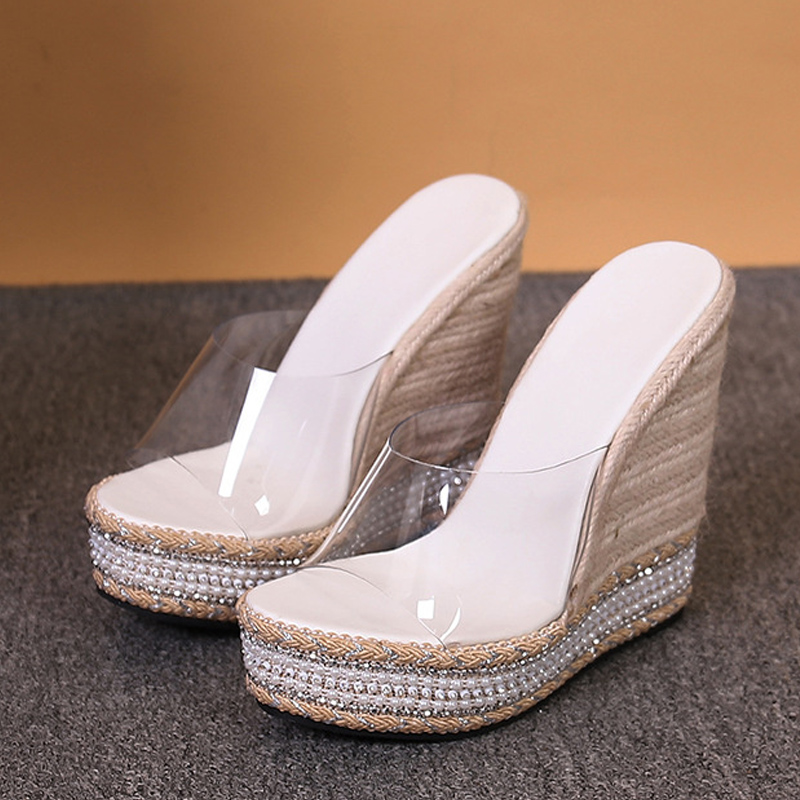 PVC Liyke Transparent New Shoes For Women Wedges Slippers Summer Fashion Handmade Straw Rope Weave Platform High Heels Sandal Female 13a0