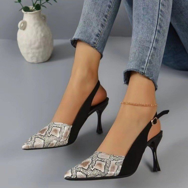 2025 new New High Heels Mules Sandals Women Fashion Snake Pattern Thin Heeled Shoes Woman Back Strap Pointed Toe Sandalias 80c2