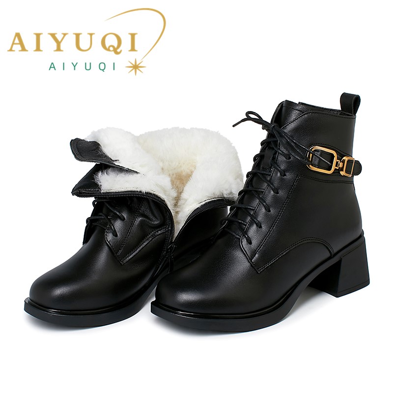 AIYUQI Winter Boots Women Wool Warm 2024 New Genuine Leather Women Marton Boots British Style Lace-up Large Size Booties Women