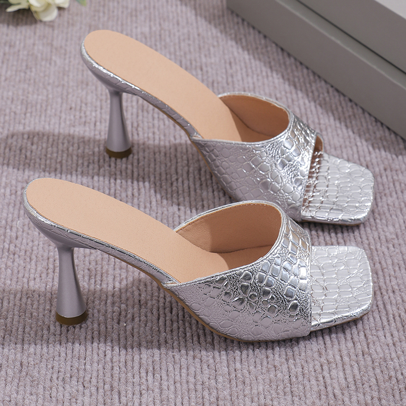 Luxury Gold Silver High Heels Sandals Women 2024 Slip On Square Toe Summer Slippers Woman Plus Size 43 Thin Heeled Party Shoes