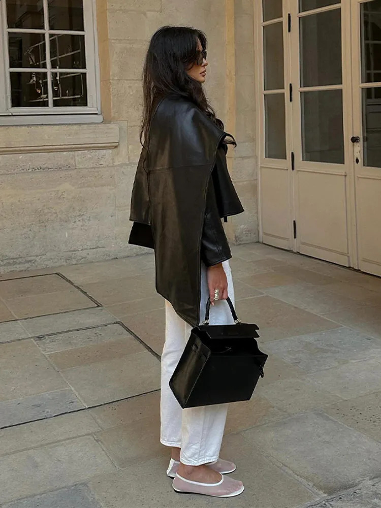Fashion Pu Leather Cloak Shawl Collar Jacket Elegant Solid Long Sleeves Demiseason For Women 2024 High Streetwear 240903