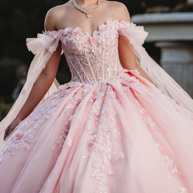 2024 Pink Shiny Quinceanera Dresses With Cape Ball Gown Applique Lace Beading Tulle Lace-Up Backless Party Princess Sweet 16 Dress