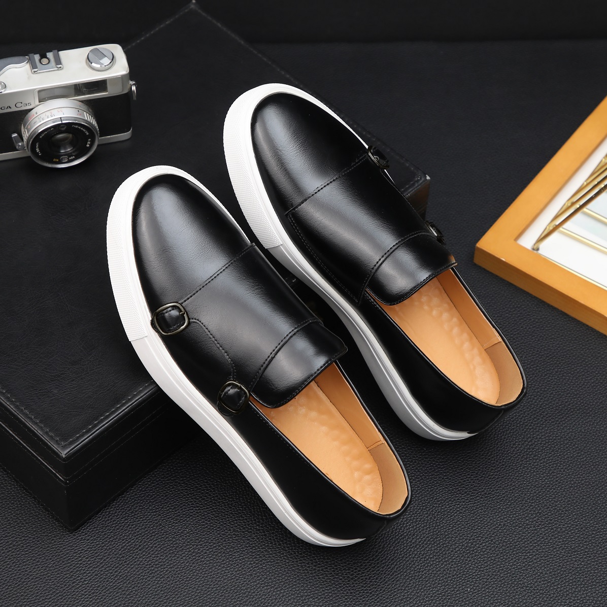 Men's Casual Fashion Leather Shoes Men Classic British Style Monk Loafers Mens Slip-on Outdoor Flats Driving Shoe