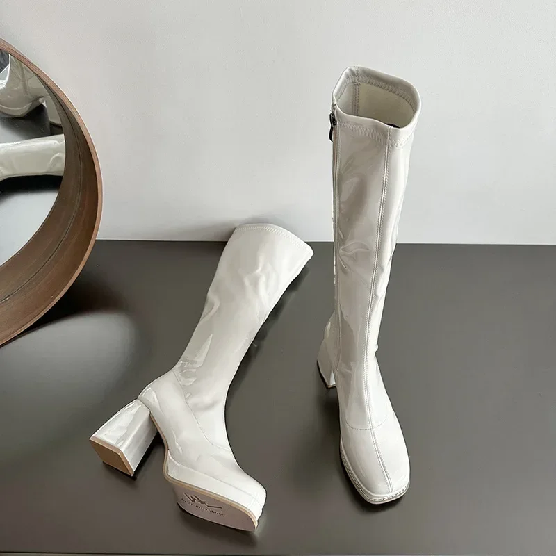 Chunky Women Heel Platform Long Square Toe Black Patent Leather Knee Boots Woman Autumn Thick High Heels Punk Botas a8e3 s