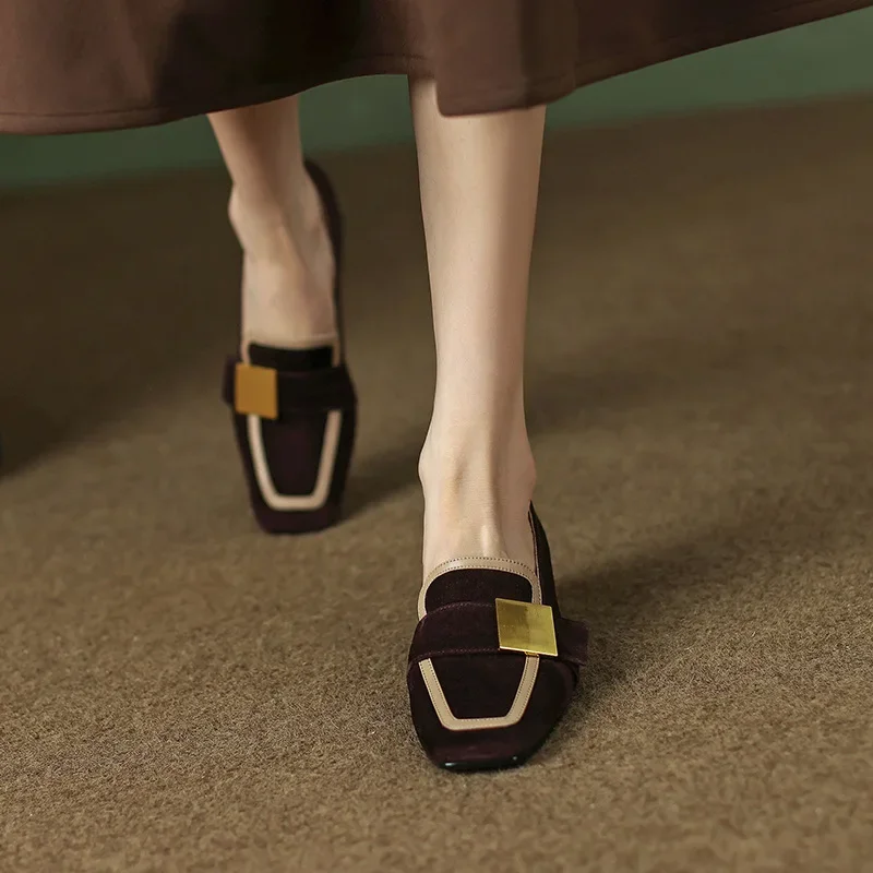Women Retro Buckle Loafer Flat French Autumn Fashion Elegant Square Toe Chunky Heels Pumps Party Casual Shoes