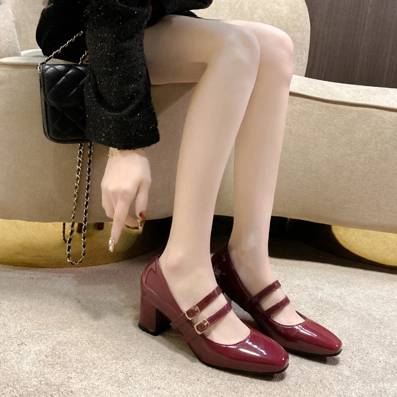 2024 Spring Autumn Women Double Buckle Mary Janes Patent Leather Dress Head Square Heel Solid Color Women's Shoes 1451