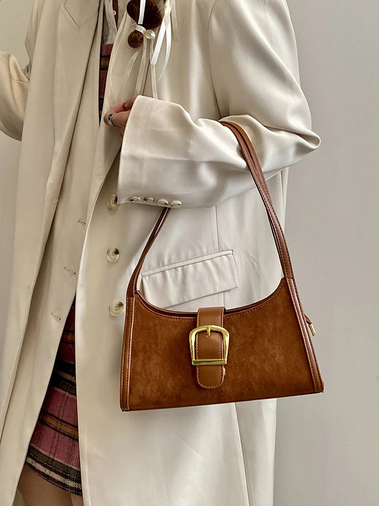 Vintage Niche Womens Underarm Bags Fashion Suede High-end Single Shoulder Bags Female Casual Commuting Brown Handbag 240902