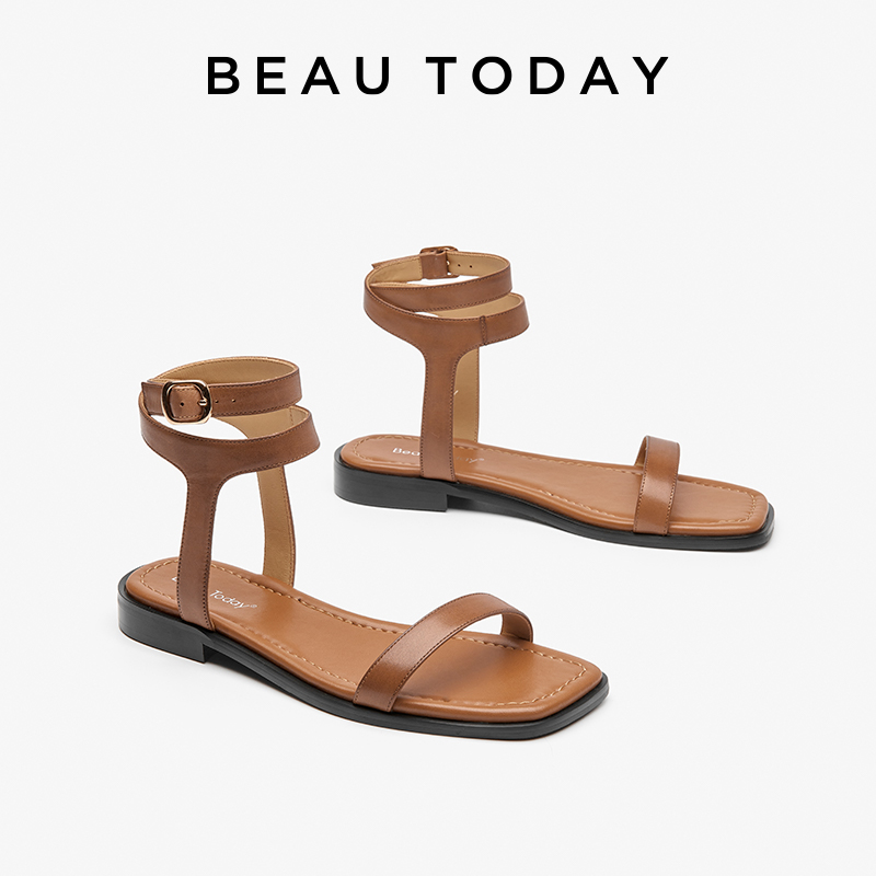 BEAUTODAY Gladiator Sandals Women Genuine Leather Ankle Metal Buckle strap Outdoor Summer Beach Flat Ladies Shoes Handmade 32437