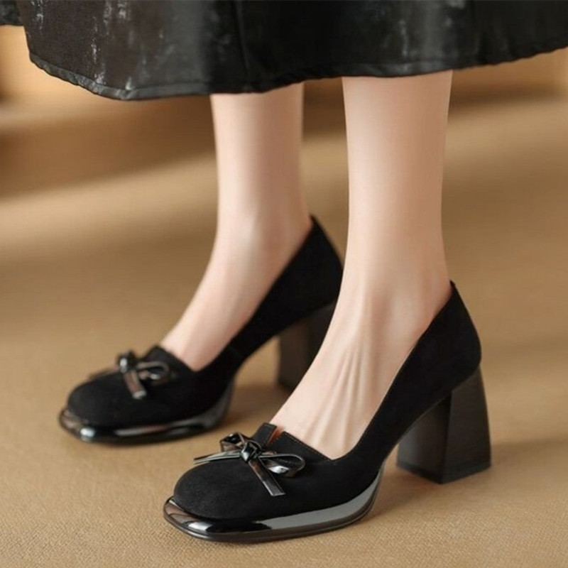 New Retro Mary Jane High Heels Women Faux Suede Chunky Heels Platform Design Mules Shoes for Women Bow Fashion Office Work Shoes