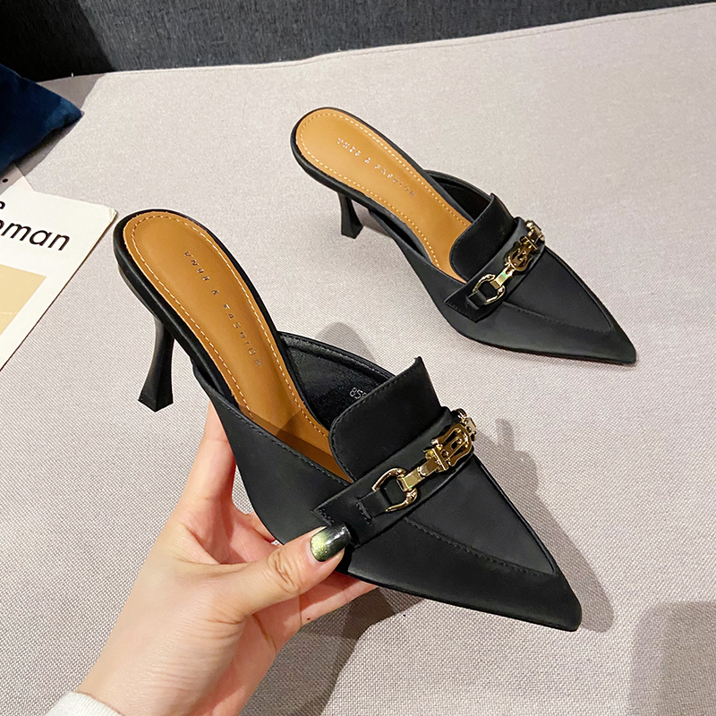 New Snake Print Woman Pumps Slipper Fashion Gold Chain Sandal Shoes Ladies Pointed Toe Slip on Mules Thin Low Heels Slides