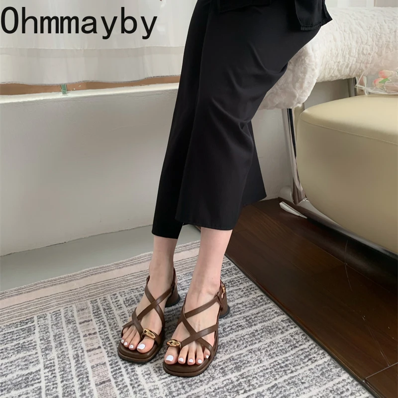Summers Gladiator Women's Sandals Fashion Elegant Narrow Band Shoes Ladies Outdoor Clip Toe Thick Heel Sandalias