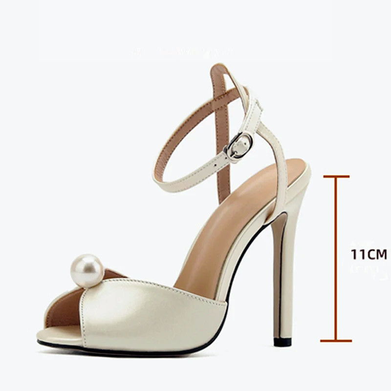 Women Satins Pumps Cozy Peep Toe 11CM Thin Heels Buckle Sandals Cute Pearl Design Shoes Ankle Strap Sandalias 5d83