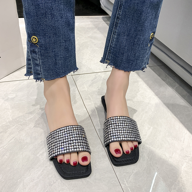 shiny designer crystal slippers women flat heel outdoor slides summer shoes bg sandalias open toe glitter flip ps afcd
