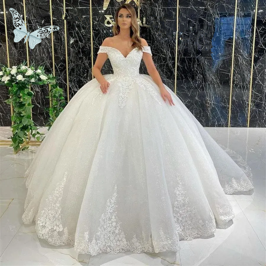 White Ball Gown Wedding Dresses Ivory Bridal Gowns Formal Applique Lace Up Plus Size New Custom Tulle Lace Sweetheart Sleeveless Sequined