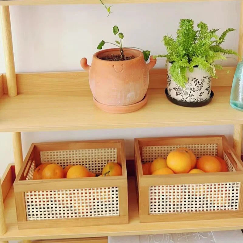 Vintage solid wood storage box desktop Rattan basket book snacks fruit cosmetics organizer box home bathroom kitchen basket 240903