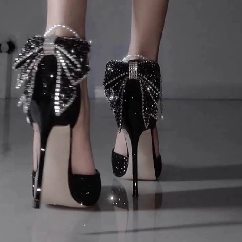 Black Pointy Women Sequin New Bow High Wedding Shoes Female Designer Elegant Pearl Party Sandals Dress Dance Sexy Heels
