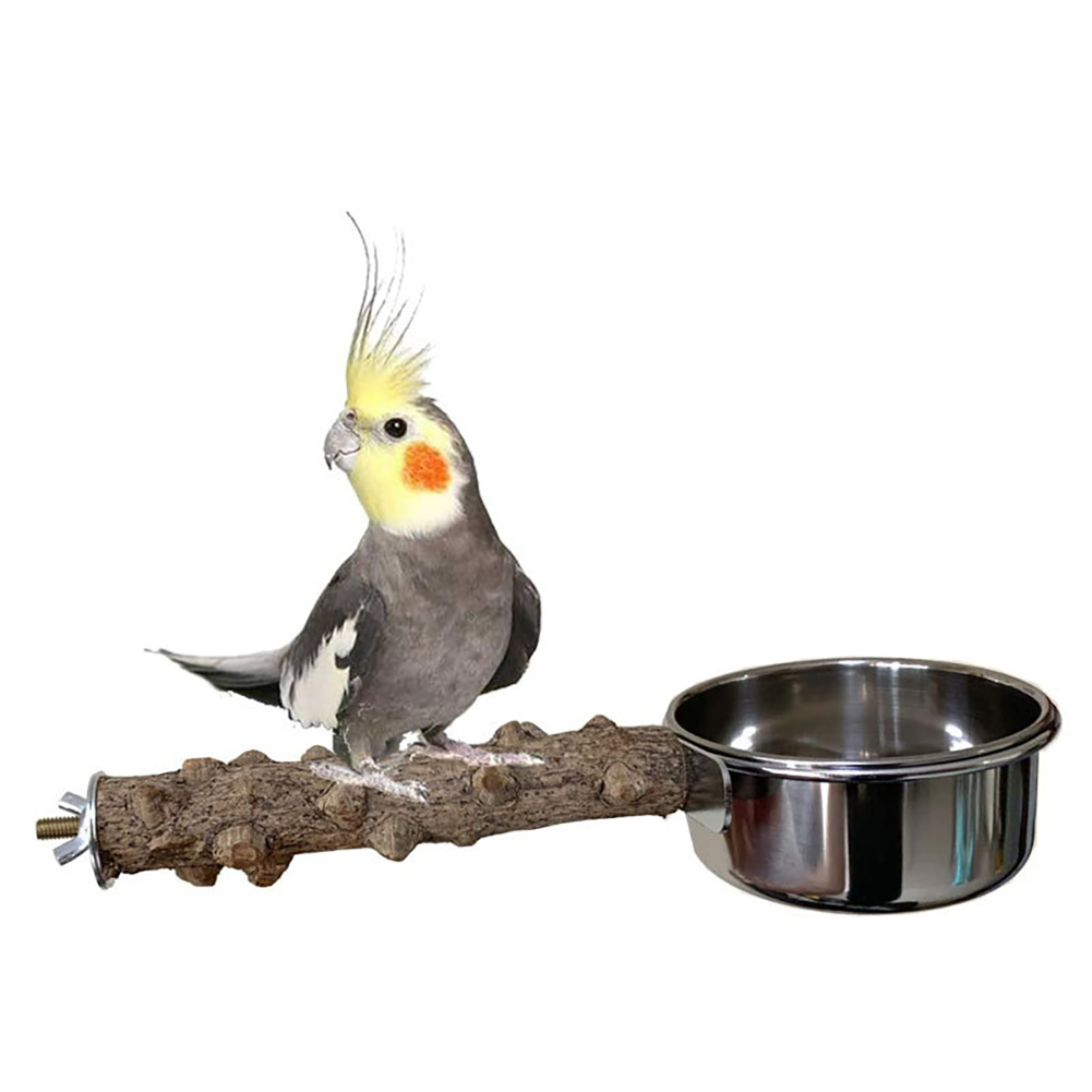Bird Perch With Bird Feeding Cups Wood Parrot Platform Stand With Stainless Steel Food Water Bowl For Parrot Cockatiel Budgies