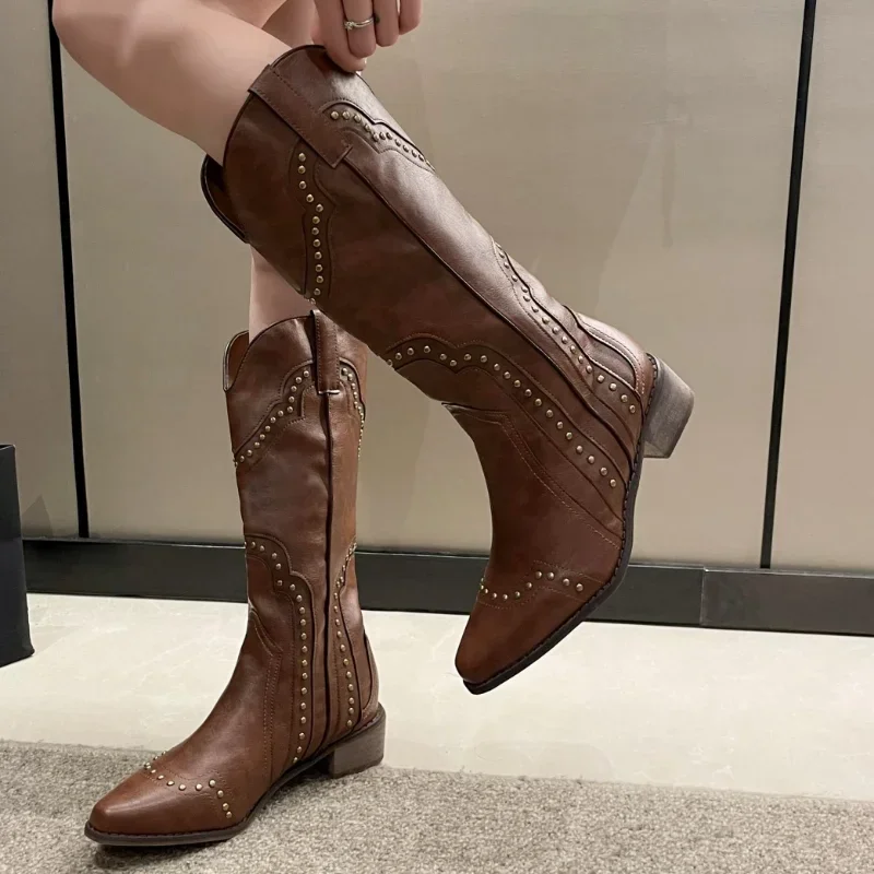 2025 Rivet Retro Mid Calf Cowboy for Women 2024 Autumn Chunky Heels Western Boots Woman Slip on Pointed Toe Cowgirl Boras