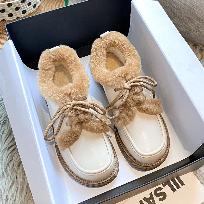 0b4e8 Up Lace fur Lamb leather woman black/white mixed New color cotton loafers women winter furry padded oxford shoes big size 43 ry