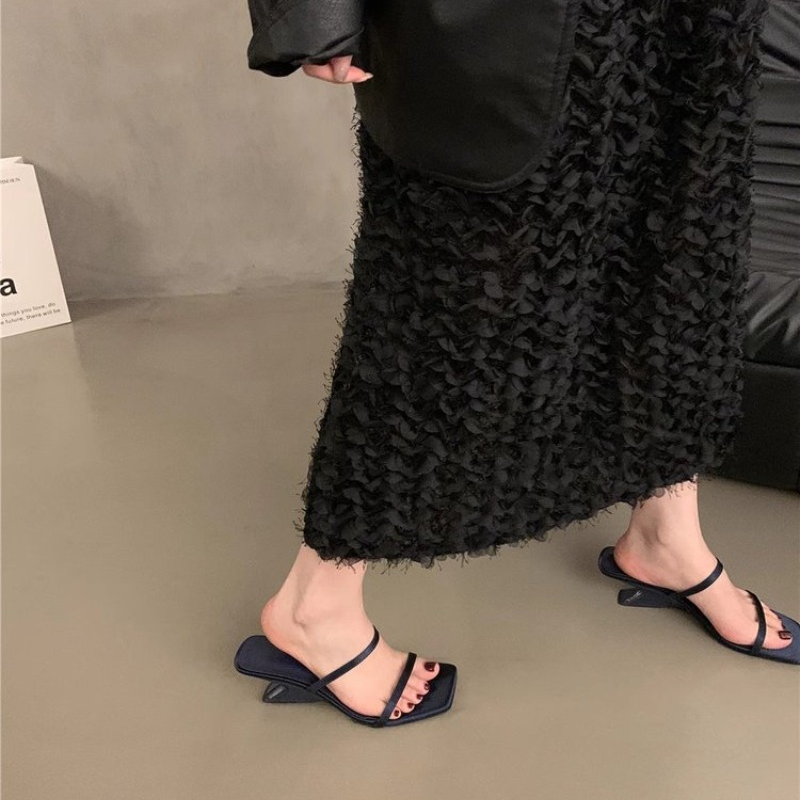 Summer 2024 New Simple Open-toed Thin Strap Wedge Sandals Square Head Sexy High-heeled Roman Slippers Flip ps Blue New Slides 1f5b