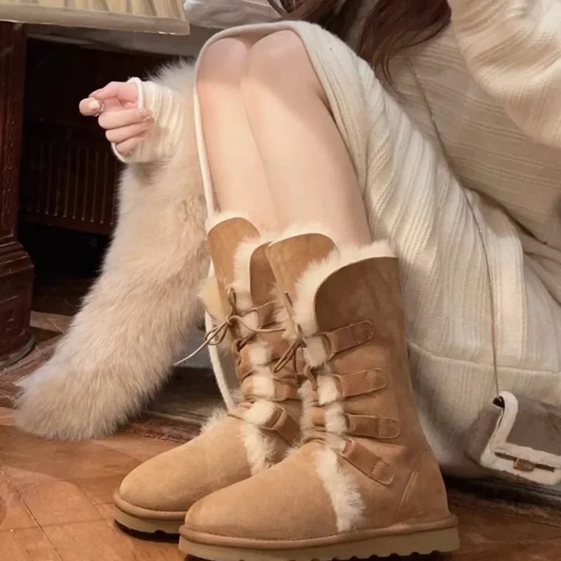 Warm Winter Plush Cotton Shoes Women Outdoor Lace Up Casual Snow Anti-slip Ethnic Thick Sole Soft Long Boots 2024 f70d