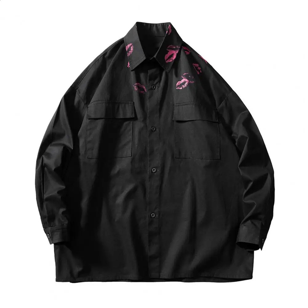 Lapel long sleeved lapel pocket single chest shirt jacket mens spring kiss printed loose cardigan 240902