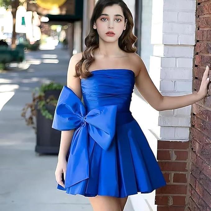 Strapless Elegant Satin Pleated Midi With Lace Double Bow Homecoming Dress Bm