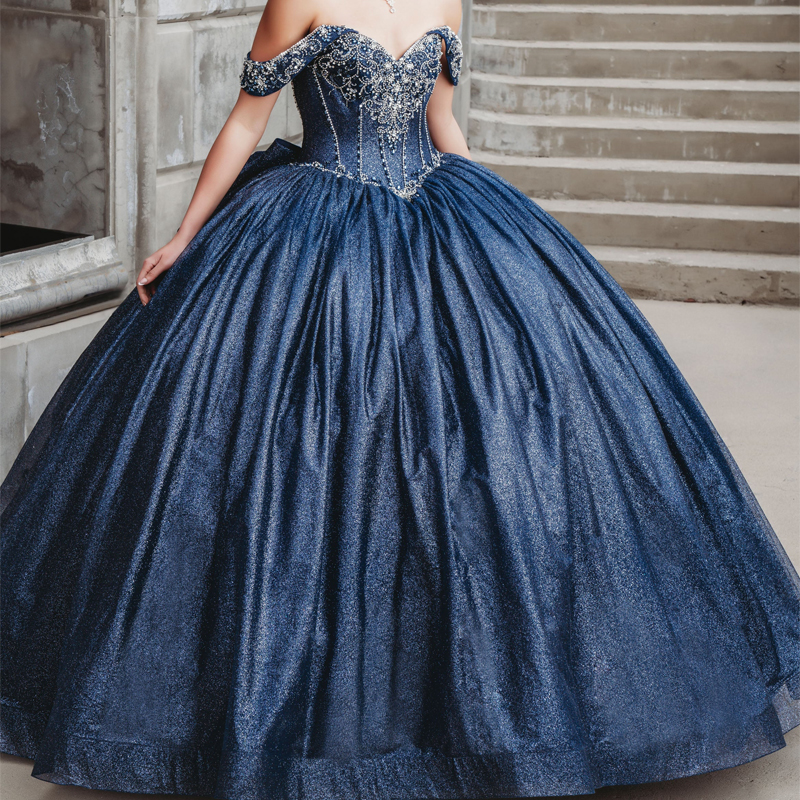 Navy Blue Shiny Quinceanera Dresses Off The Shoulder Princess Beads Crystal Bow Tull Sweet Birthday Party Gown Vestido De 15 Anos Sweet 16