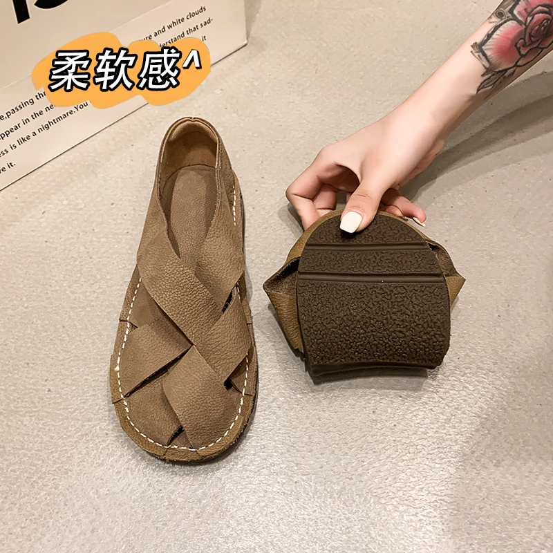 2024 Leather Women's Sandals Top Layer Cowhide Handmade Woven Women Casual Flats The Retro Art Mori Girl Shoes